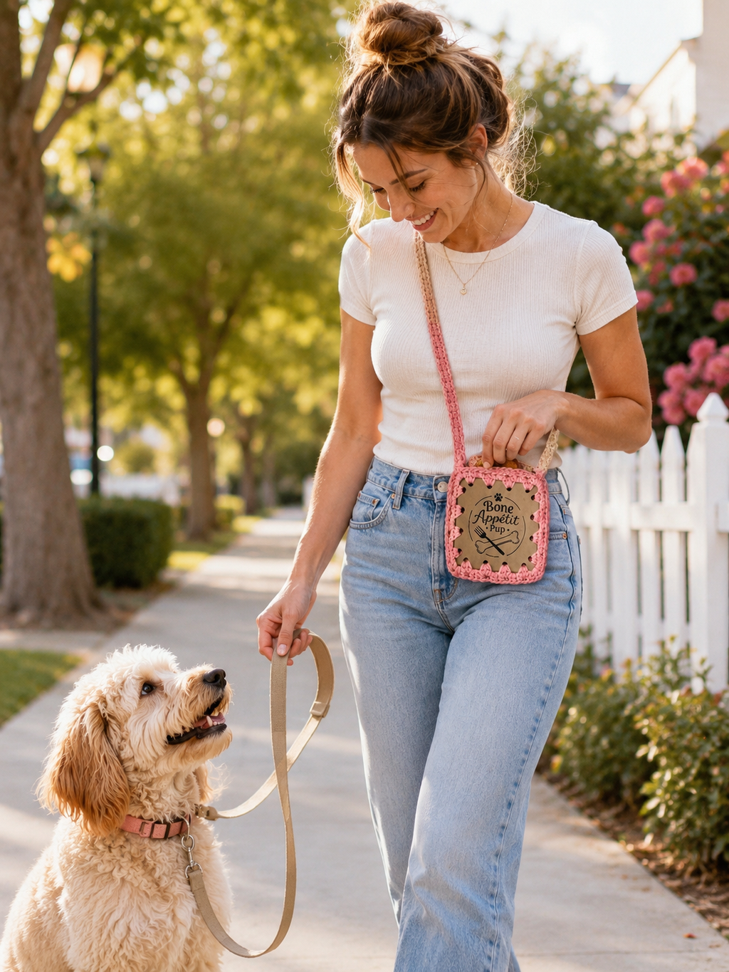 Woman walking her dog while wearing a handmade pink Bone Appétit Pup crochet dog treat pouch